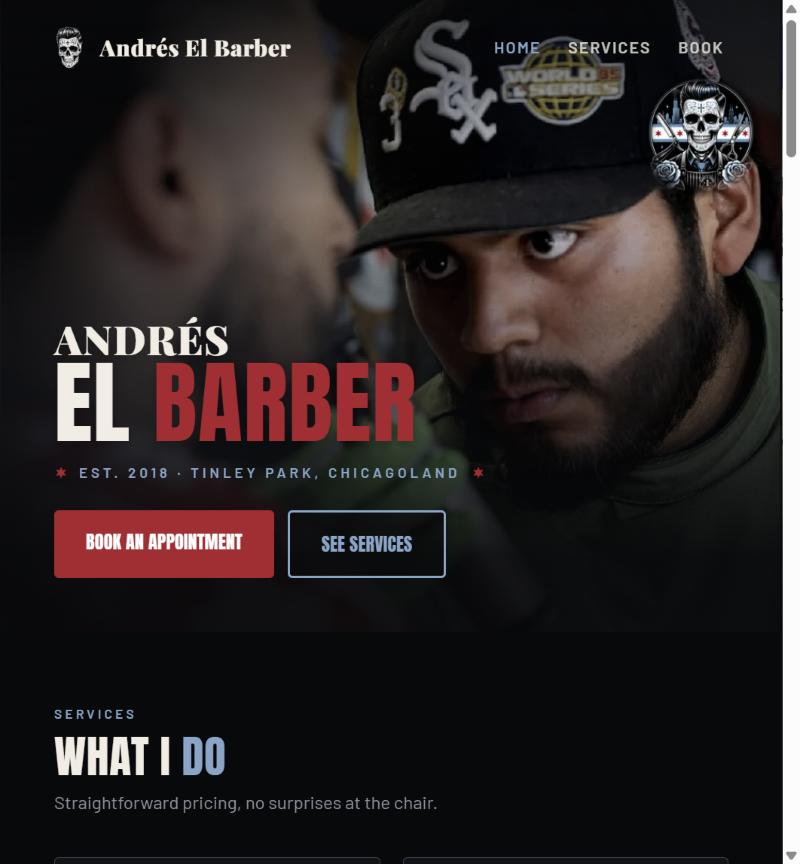 Andrés El Barber's new custom website homepage with his photo, logo, and Book an Appointment button.