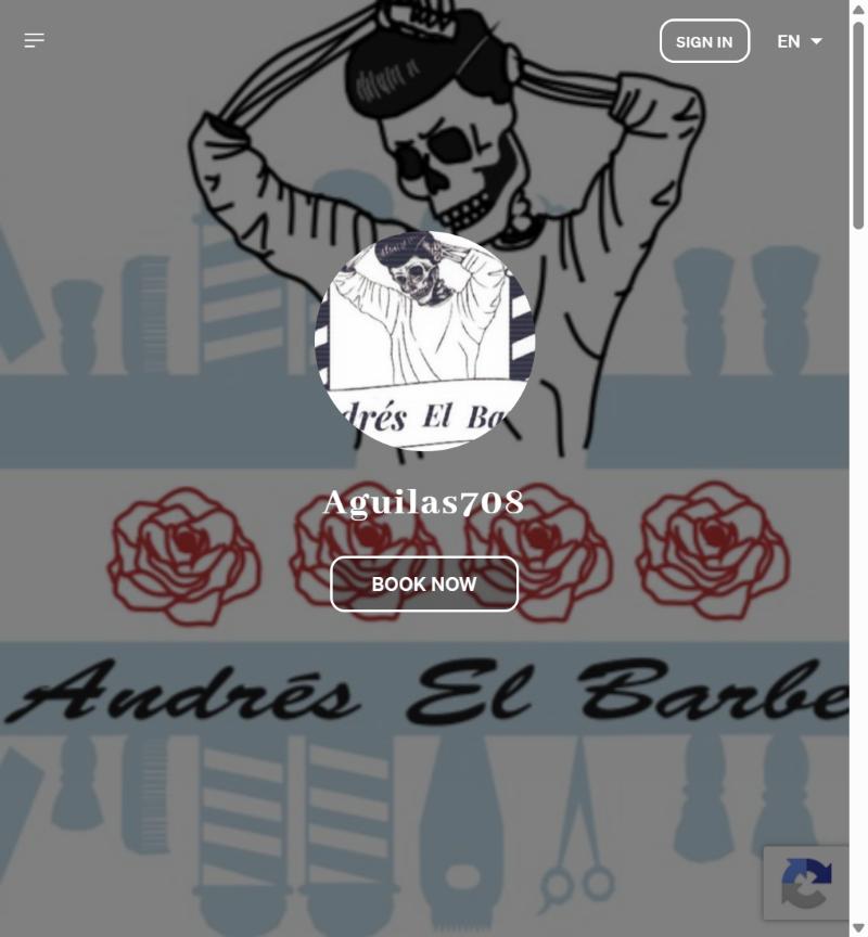 Andrés El Barber's previous page: a basic third-party booking page with a logo and a Book Now button.
